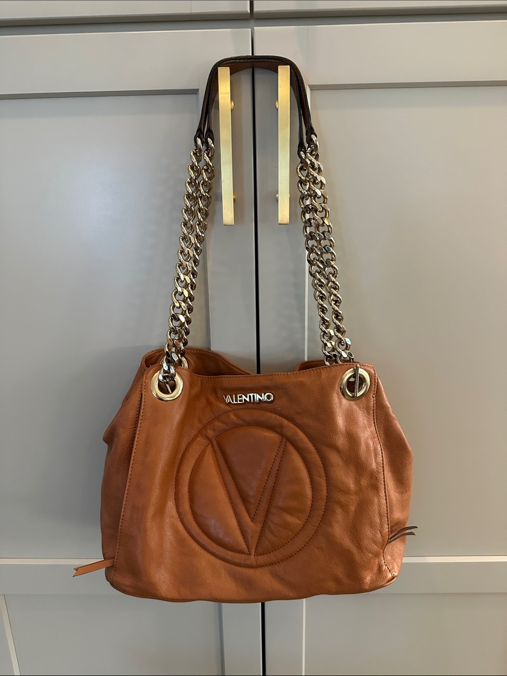Valentino Brown Leather Shoulder Bag with Chain Straps - 👜